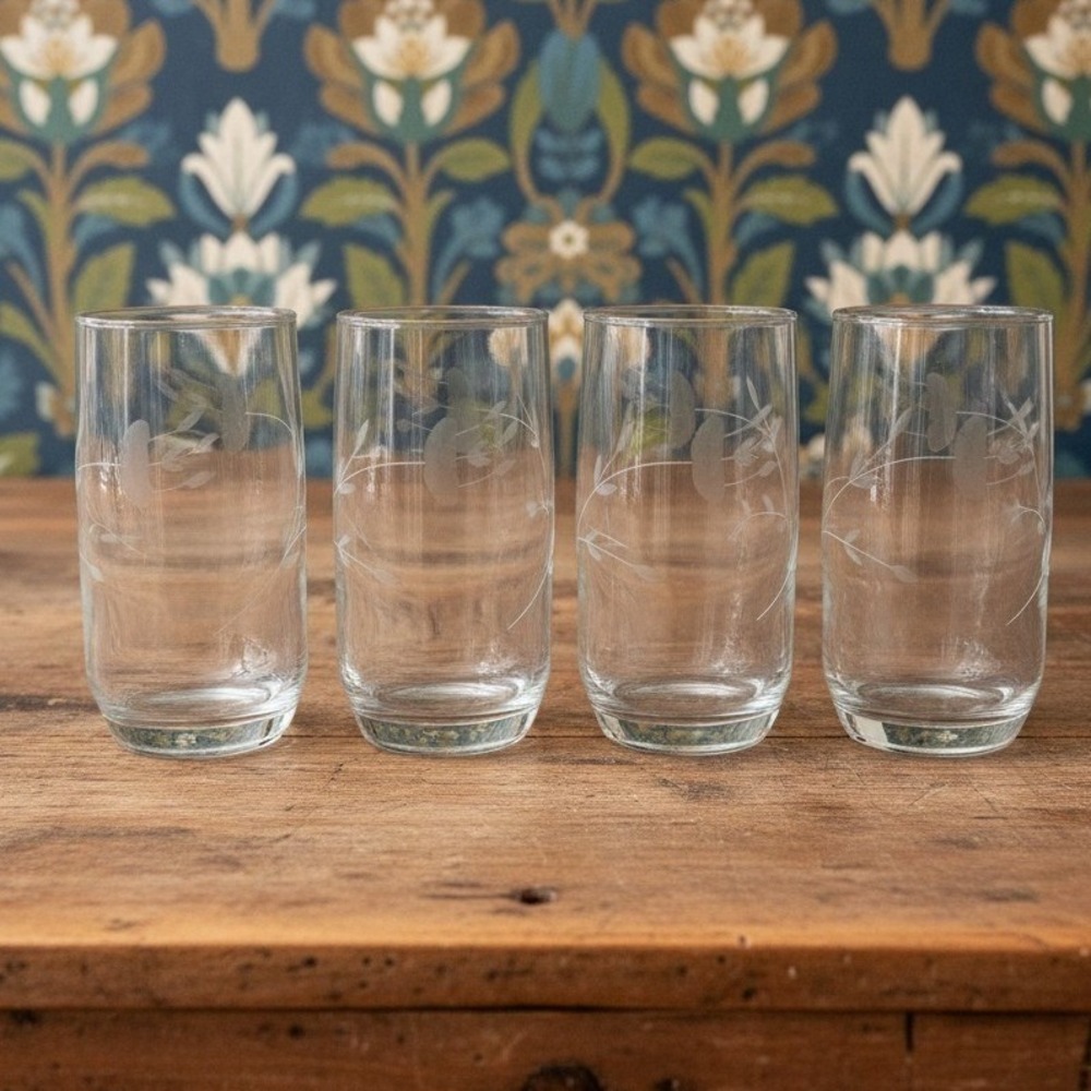 Princess House Heritage Crystal Tumblers, Set of 4 Etched Floral Vintage Glasses